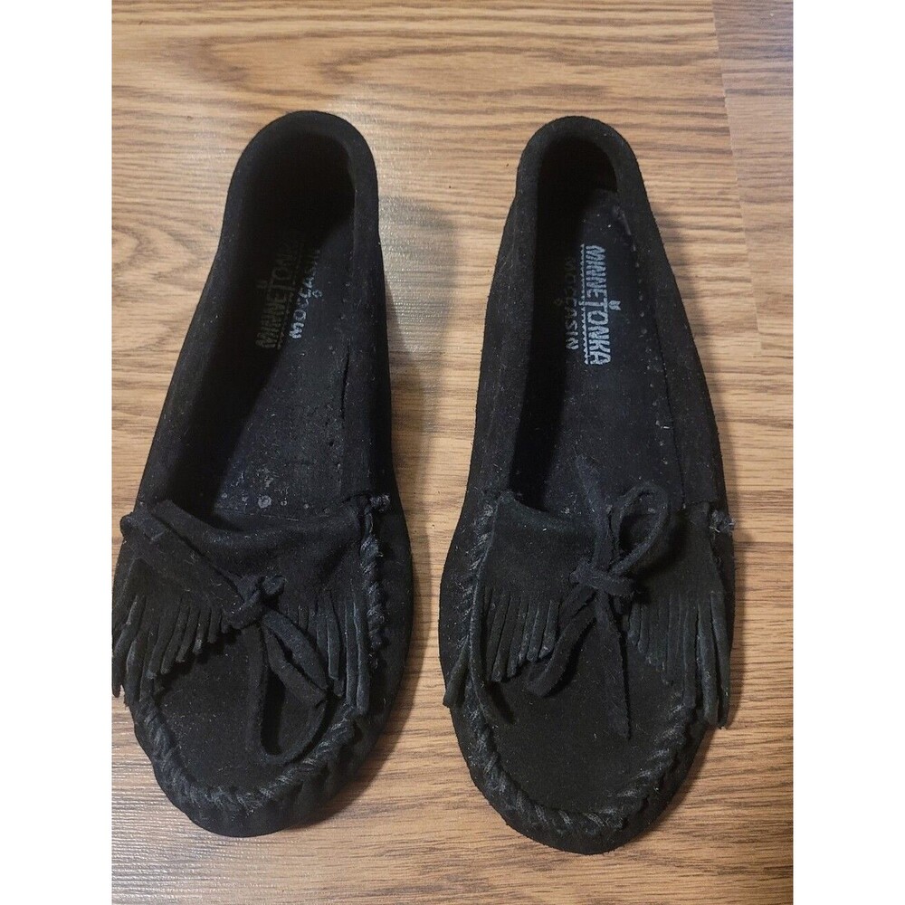 Black Minnetonka Suede Fringe Moccasins with Bow Detail